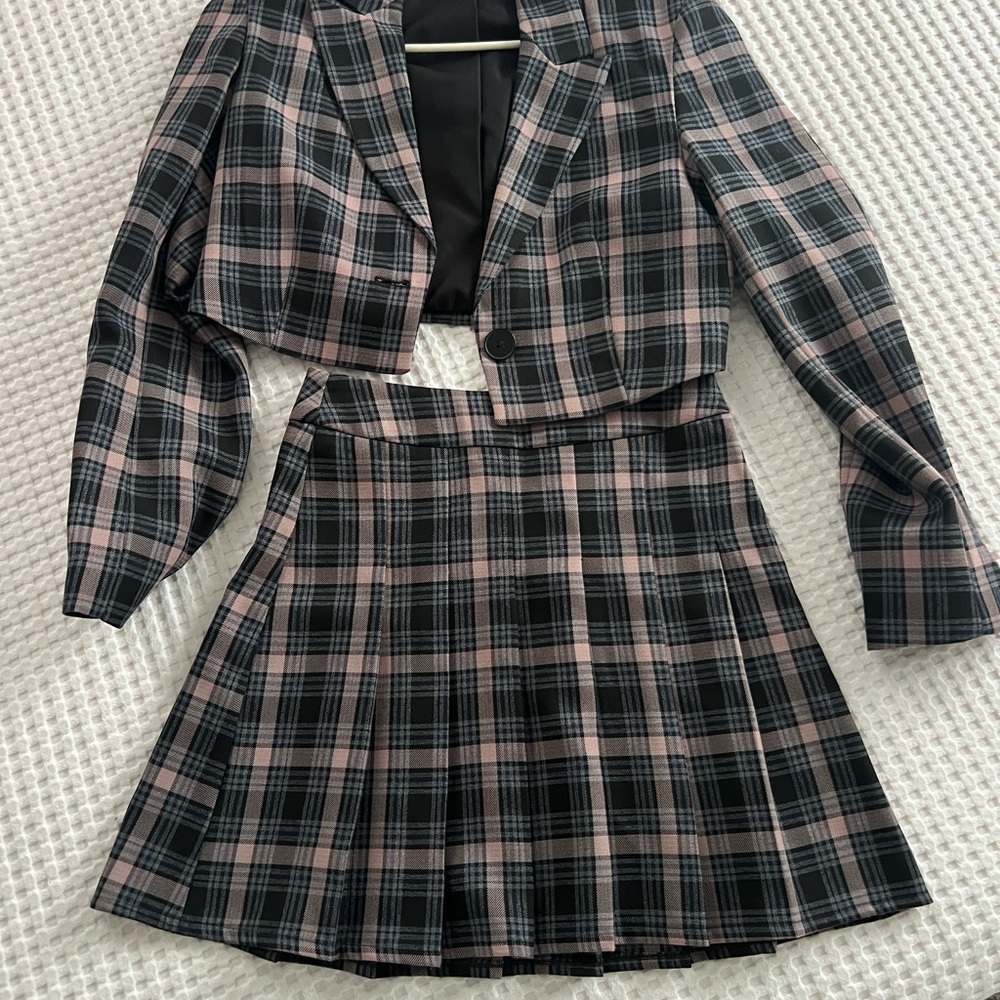 Primark Black and Gray Plaid Blazer and Skirt Set